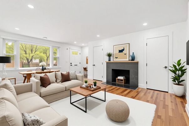 Dining room, Fireplace, Interior, Living room, Recessed Lighting, Wood Texture Flooring