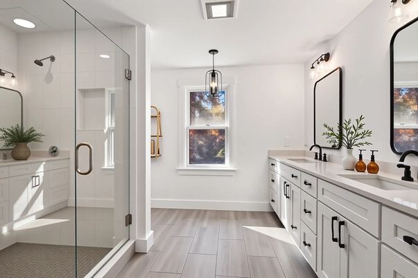 Bathroom, Dual Sink Vanities, Glass Shower, Interior, Pendant Lights, Wood Texture Flooring