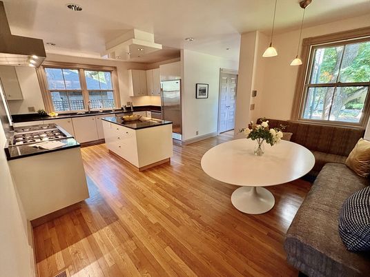 Interior, Kitchen, Pendant Lights, Recessed Lighting, Water, Wood Texture Flooring