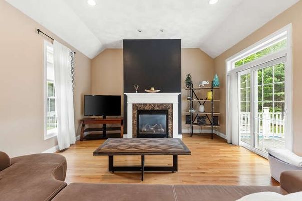 Fireplace, Interior, Recessed Lighting, Wood Texture Flooring