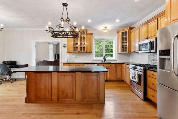 Chandelier, Interior, Kitchen, Recessed Lighting, Stainless Steel Appliances, Wood Texture Flooring