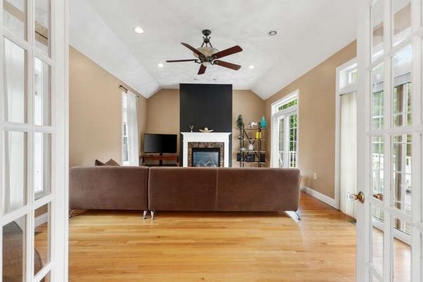 Fireplace, Interior, Recessed Lighting, Wood Texture Flooring