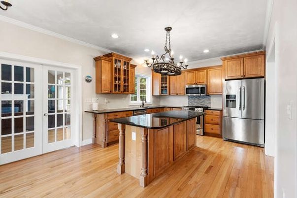 Chandelier, Interior, Kitchen, Recessed Lighting, Stainless Steel Appliances, Wood Texture Flooring