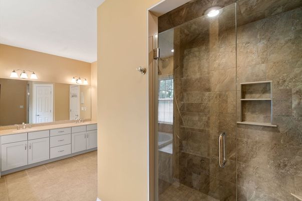 Bathroom, Dual Sink Vanities, Glass Shower, Interior, Recessed Lighting