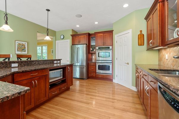 Interior, Kitchen, Pendant Lights, Recessed Lighting, Stainless Steel Appliances, Wood Texture Flooring
