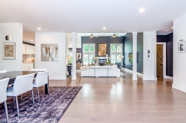 Dining room, Fireplace, Interior, Living room, Recessed Lighting, Wood Texture Flooring