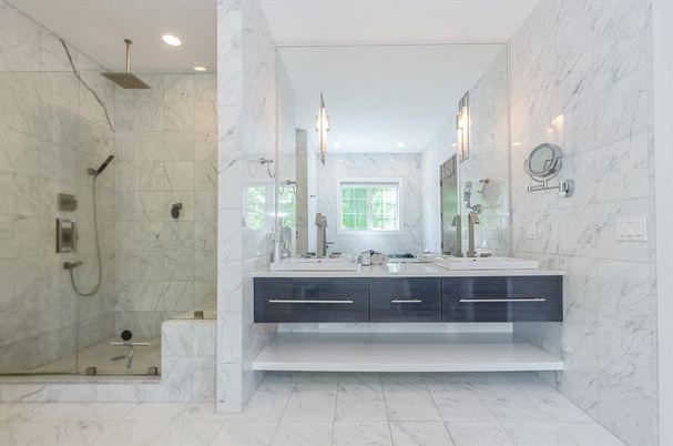 Bathroom, Dual Sink Vanities, Glass Shower, Interior, Marble, Marble Walls, Recessed Lighting