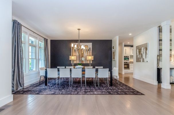 Chandelier, Dining room, Interior, Kitchen, Recessed Lighting, Wood Texture Flooring