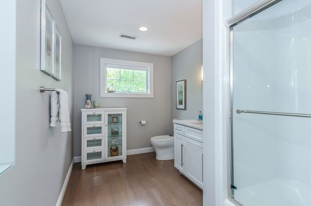 Bathroom, Interior, Recessed Lighting, Wood Texture Flooring