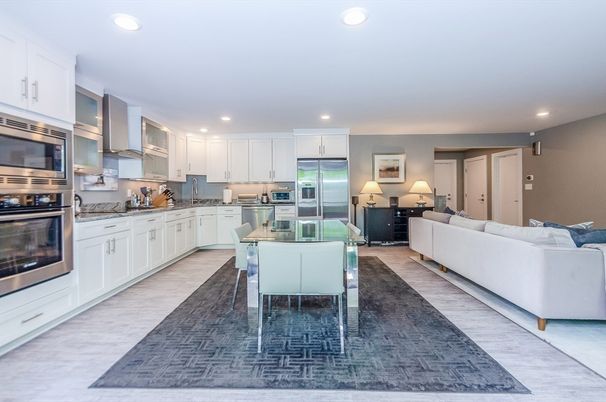 Interior, Kitchen, Living room, Recessed Lighting, Stainless Steel Appliances, Wood Texture Flooring