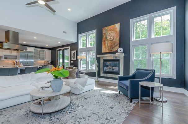 Fireplace, Interior, Kitchen, Living room, Recessed Lighting, Stainless Steel Appliances, Wood Texture Flooring