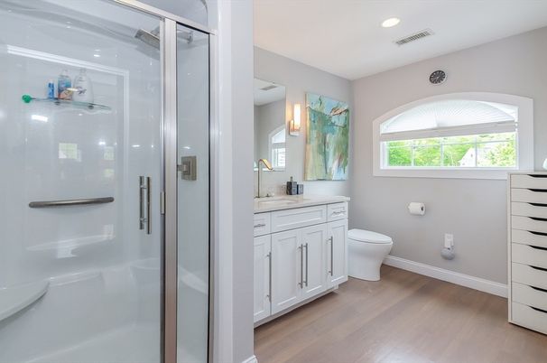 Bathroom, Glass Shower, Interior, Recessed Lighting, Wood Texture Flooring