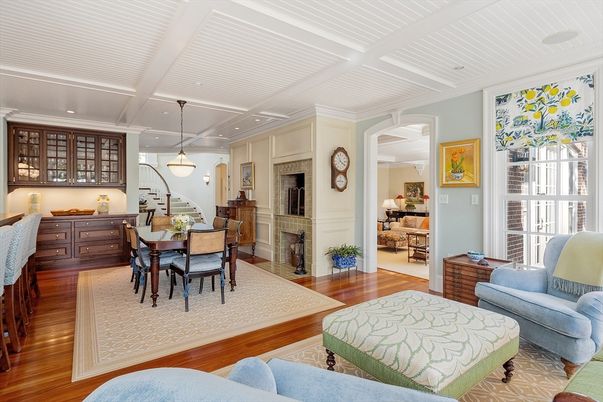 Dining room, Fireplace, Interior, Pendant Lights, Recessed Lighting, Wood Texture Flooring