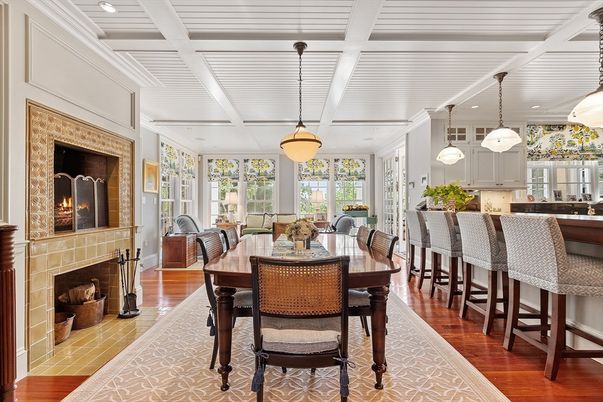 Dining room, Fireplace, Interior, Kitchen, Pendant Lights, Recessed Lighting, Wood Texture Flooring