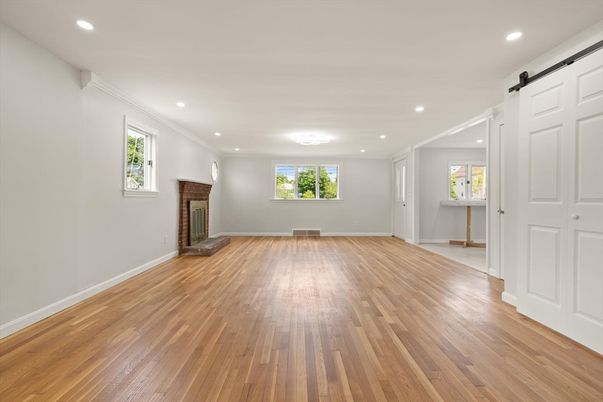 Empty room, Fireplace, Interior, Recessed Lighting, Wood Texture Flooring