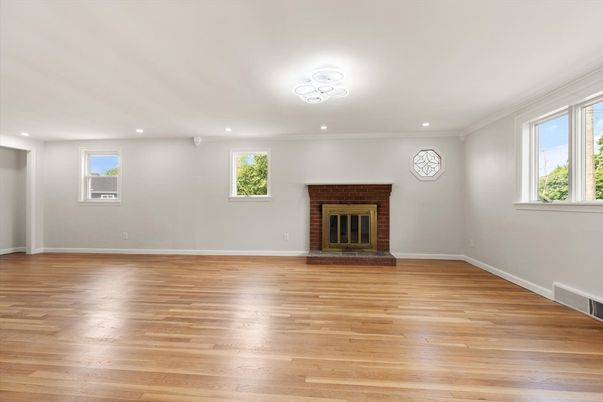 Empty room, Fireplace, Interior, Recessed Lighting, Wood Texture Flooring