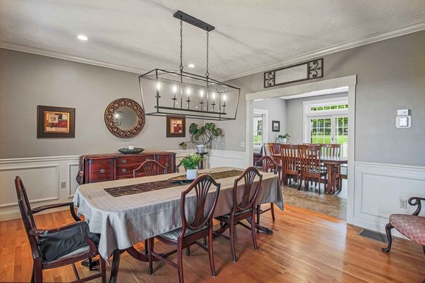Dining room, Interior, Pendant Lights, Recessed Lighting, Wood Texture Flooring