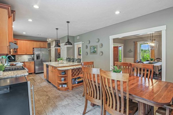 Dining room, Interior, Kitchen, Pendant Lights, Recessed Lighting, Stainless Steel Appliances, Tile Countertops