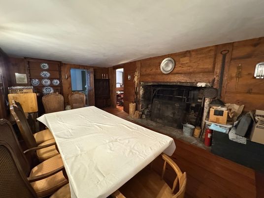 Dining room, Fireplace, Interior, Wood Texture Flooring, Wooden Walls