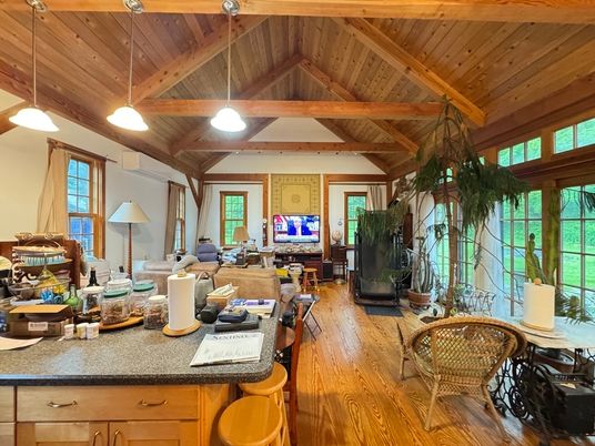 Fireplace, Interior, Living room, Pendant Lights, Wooden Beams, Wooden Ceilings, Wood Texture Flooring