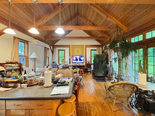 Fireplace, Interior, Living room, Pendant Lights, Wooden Beams, Wooden Ceilings, Wood Texture Flooring