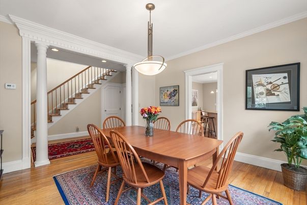 Dining room, Interior, Pendant Lights, Recessed Lighting, Wood Texture Flooring