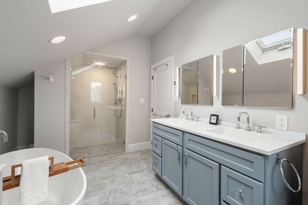 Bathroom, Dual Sink Vanities, Free Standing Baths, Glass Shower, Interior, Marble, Recessed Lighting