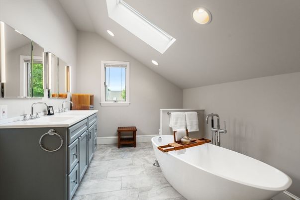 Bathroom, Dual Sink Vanities, Free Standing Baths, Interior, Marble, Recessed Lighting