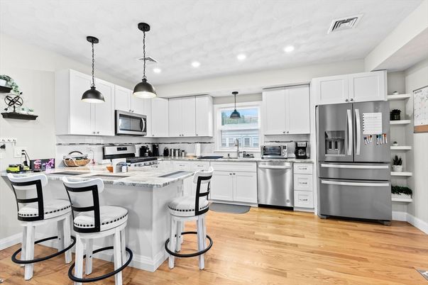 Interior, Kitchen, Pendant Lights, Recessed Lighting, Stainless Steel Appliances, Wood Texture Flooring