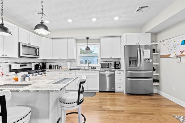 Interior, Kitchen, Pendant Lights, Recessed Lighting, Stainless Steel Appliances, Wood Texture Flooring