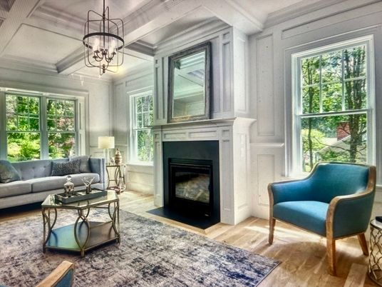 Chandelier, Fireplace, Interior, Living room, Pendant Lights, Wood Texture Flooring