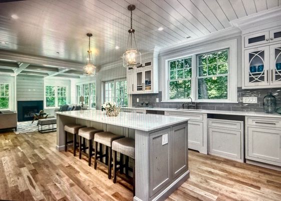Fireplace, Interior, Kitchen, Living room, Pendant Lights, Recessed Lighting, Wood Texture Flooring