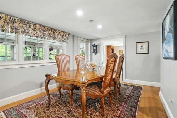 Dining room, Interior, Recessed Lighting, Wood Texture Flooring