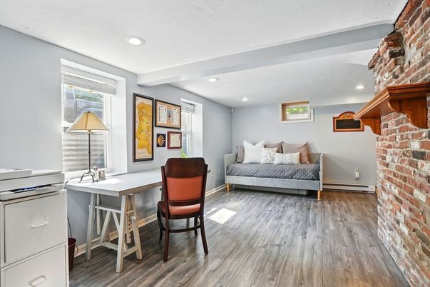 Bedroom, Home Office, Interior, Recessed Lighting, Stone Walls, Wood Texture Flooring