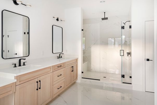 Bathroom, Dual Sink Vanities, Glass Shower, Interior, Marble, Marble Walls