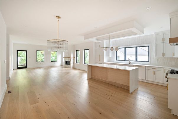 Chandelier, Empty room, Interior, Kitchen, Pendant Lights, Recessed Lighting, Wood Texture Flooring