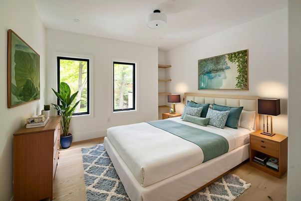 Bedroom, Interior, Recessed Lighting, Wood Texture Flooring
