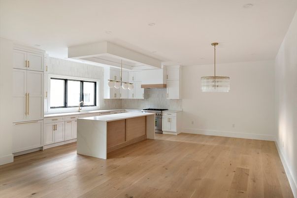 Empty room, Interior, Kitchen, Pendant Lights, Wood Texture Flooring