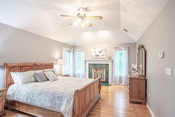 Bedroom, Fireplace, Interior, Wood Texture Flooring