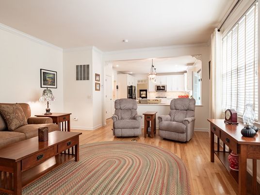 Chandelier, Interior, Kitchen, Living room, Pendant Lights, Recessed Lighting, Stainless Steel Appliances, Wood Texture Flooring