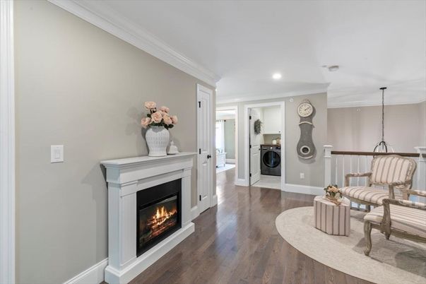 Fireplace, Interior, Pendant Lights, Recessed Lighting, Washer, Wood Texture Flooring