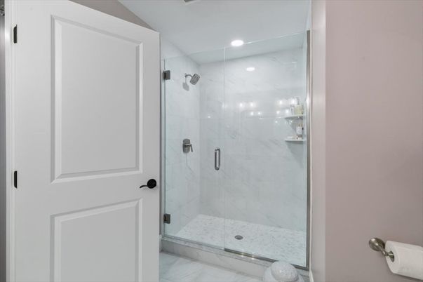 Bathroom, Glass Shower, Interior, Marble, Marble Walls, Recessed Lighting