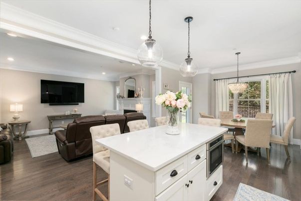 Dining room, Interior, Kitchen, Living room, Pendant Lights, Recessed Lighting, Wood Texture Flooring