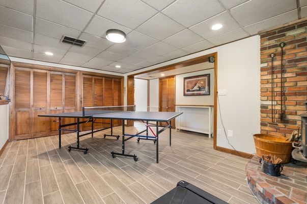 Game Room, Interior, Recessed Lighting, Stone Walls, Wood Texture Flooring