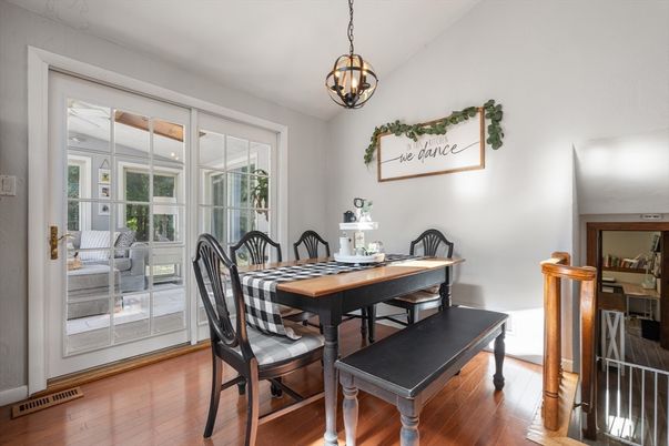 Dining room, Interior, Pendant Lights, Wood Texture Flooring