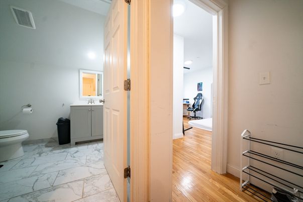 Bathroom, Interior, Marble, Recessed Lighting, Wood Texture Flooring