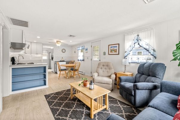 Dining room, Interior, Kitchen, Living room, Recessed Lighting, Stainless Steel Appliances, Wood Texture Flooring