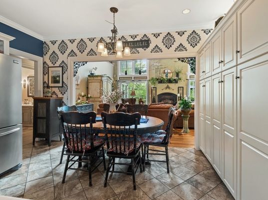Dining room, Fireplace, Interior, Pendant Lights, Recessed Lighting, Wood Texture Flooring