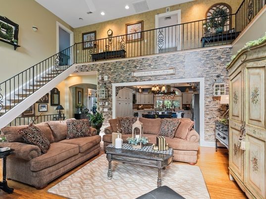 Interior, Kitchen, Living room, Recessed Lighting, Stone Walls, Wood Texture Flooring
