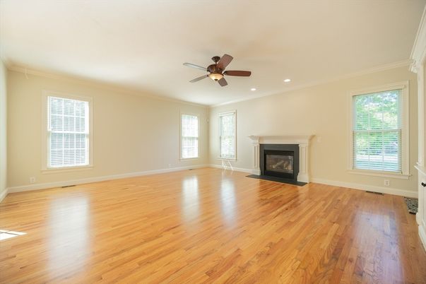 Empty room, Fireplace, Interior, Recessed Lighting, Wood Texture Flooring